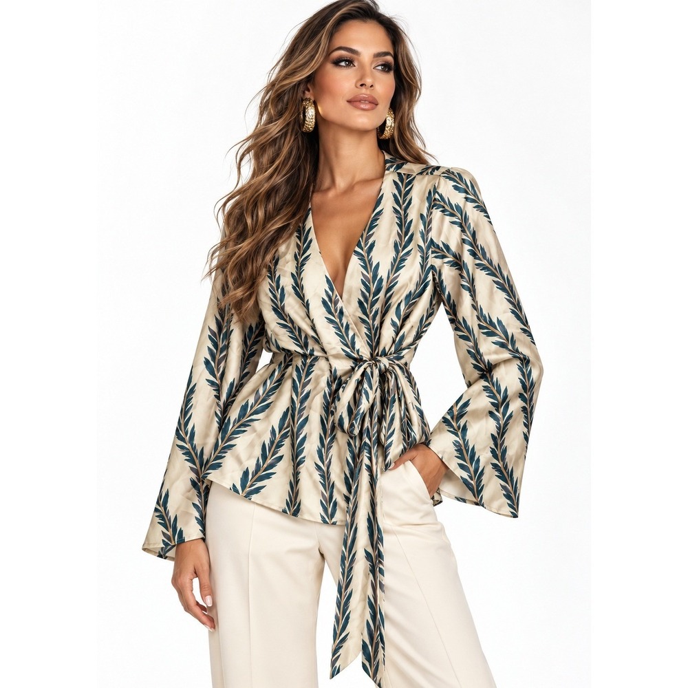 Diarrablu Fatu Top Oris Teal Leaf Print Satin Wrap Blouse Womens Medium NWT